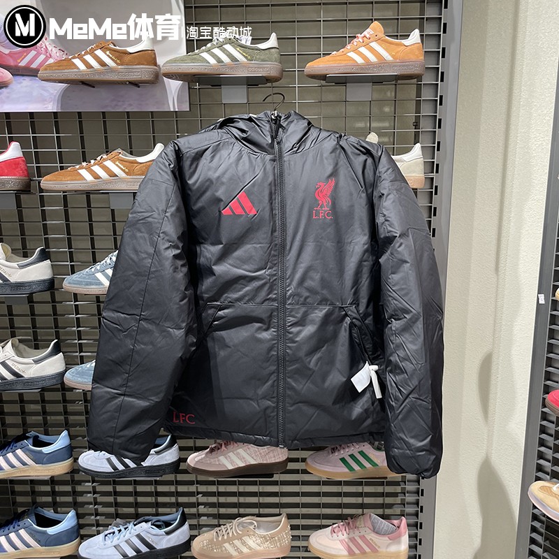 阿迪达斯羽绒服男装2025冬新款利物浦足球保暖运动连帽外套JW7902