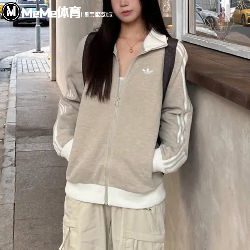 阿迪达斯三叶草男女装2026冬浅麻灰慵懒风复古立领针织外套KZ0511