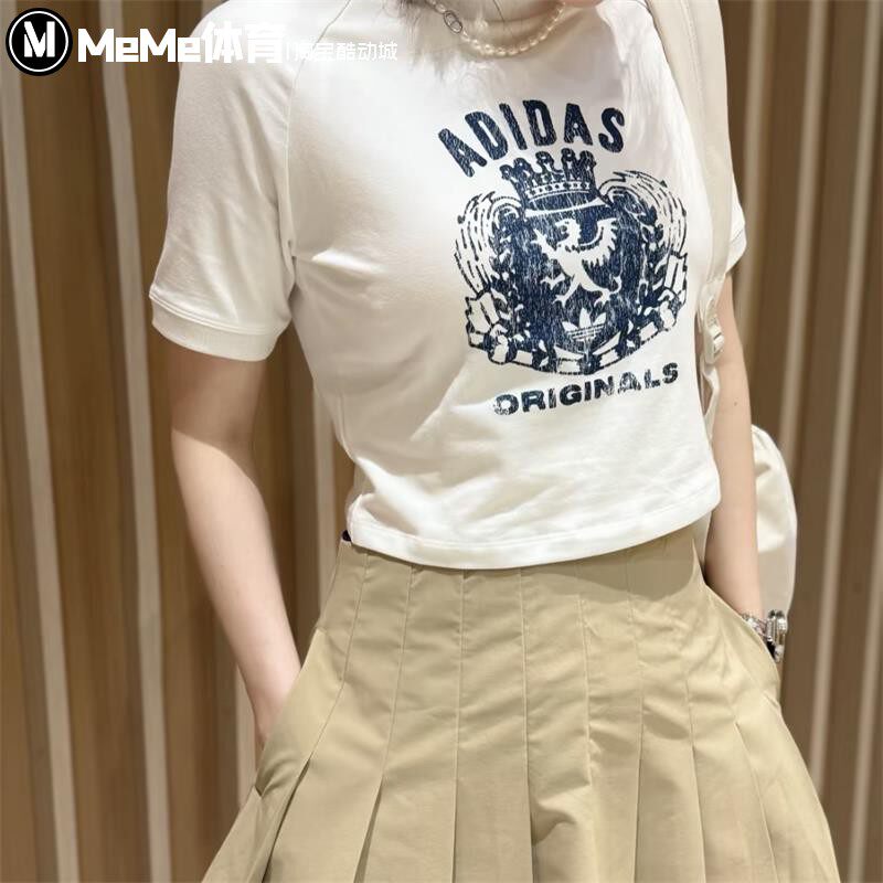 阿迪达斯三叶草短袖女2025秋款修身高腰大印花休闲柔软T恤 JZ0851