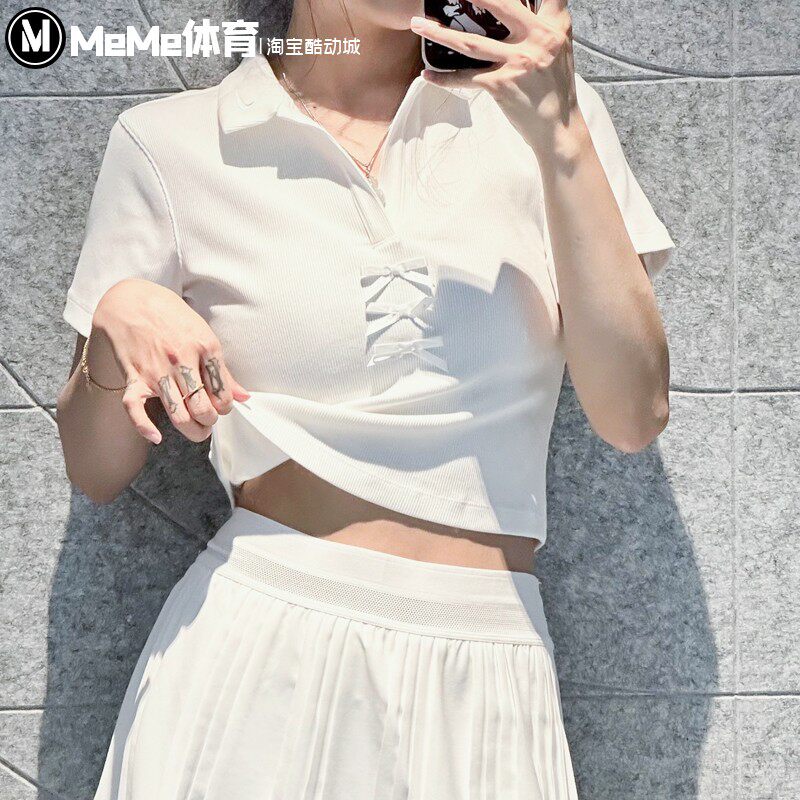 耐克女装2025秋款甜美蝴蝶结针织罗纹翻领短款短袖T恤 IM3393-100