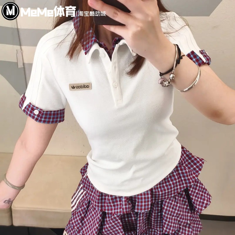 阿迪达斯三叶草2026夏短袖女格纹拼接假两件修身翻领POLO衫KU9397