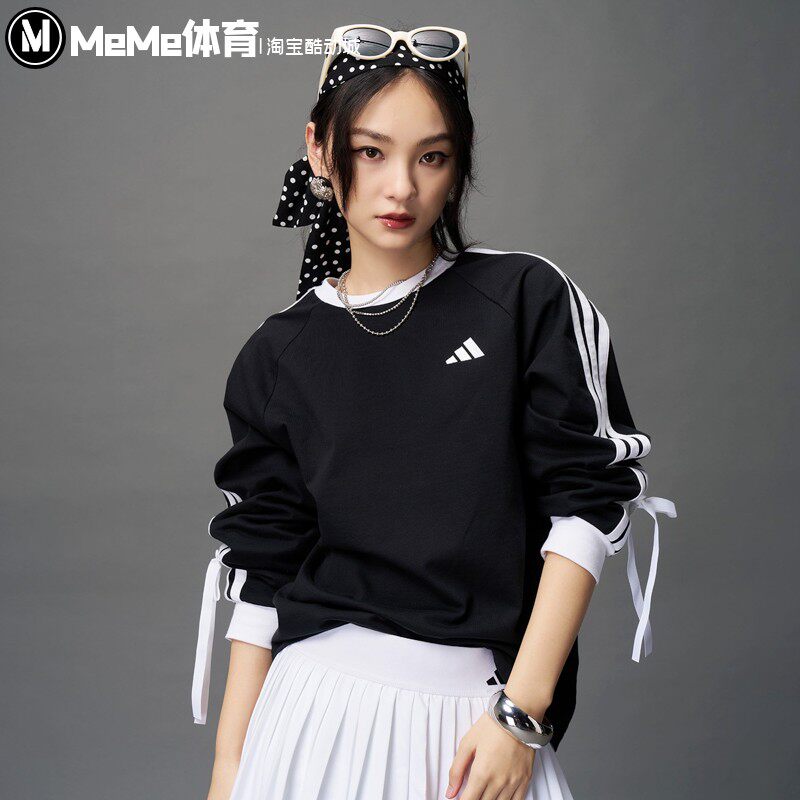 阿迪达斯女装2026秋新品三条纹舞动系列蝴蝶结运动长袖T恤 KG3858