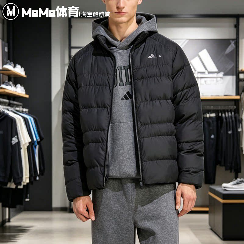 阿迪达斯男装2026冬季款黑色简约立领通勤保暖运动棉服外套KF2710