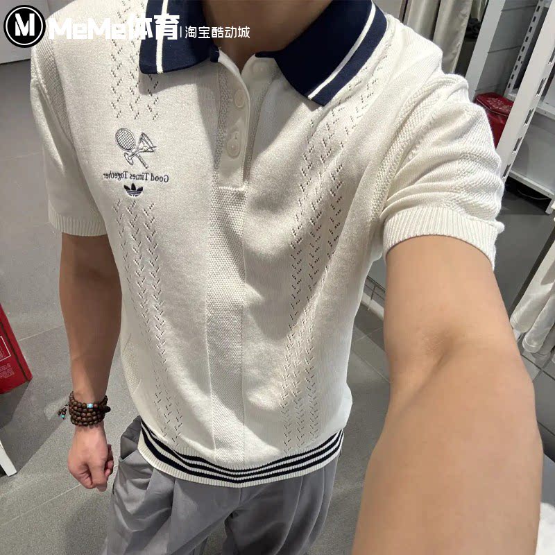 阿迪达斯三叶草男2026秋款POLO复古学院风镂空纯棉针织短袖KW5680