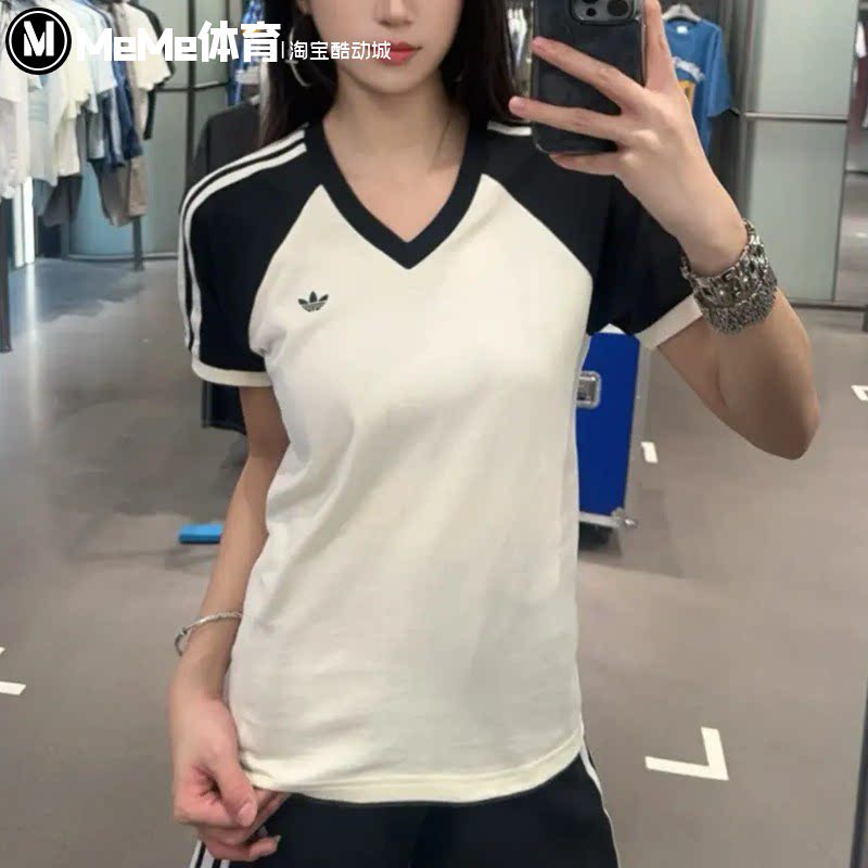 阿迪达斯三叶草2026夏款黑白插肩V领短袖女三条杠校园风T恤KF0316