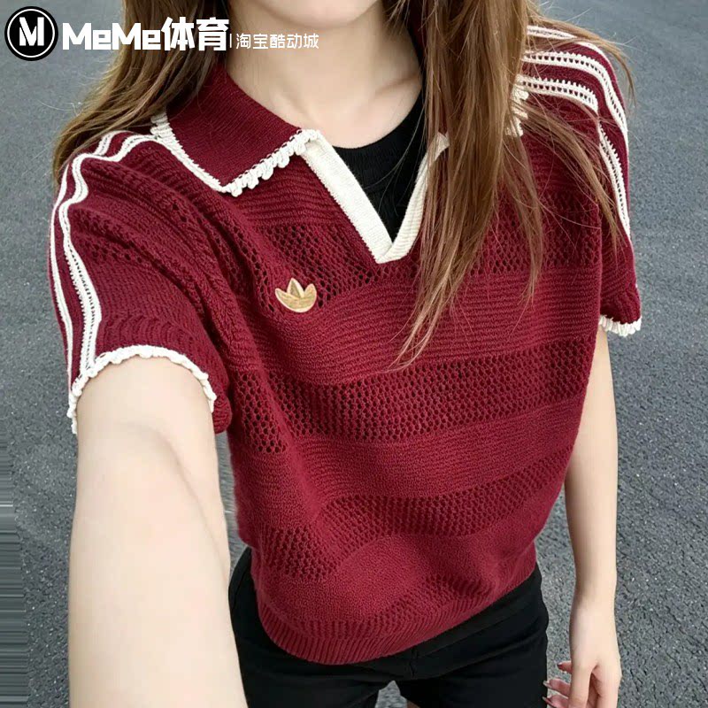阿迪达斯三叶草女装2026秋款度假风镂空针织POLO衫KX0714  KX0713