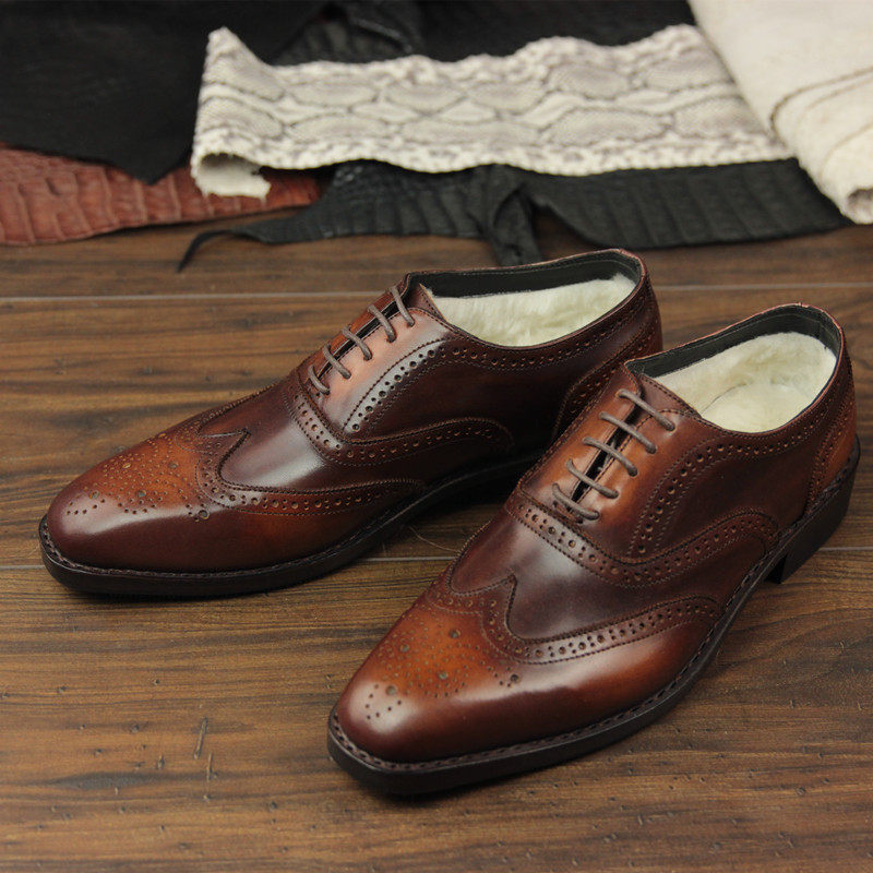 固特异手工擦色牛津羊毛冬季商务男鞋布洛克雕花棕色真皮底皮鞋