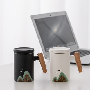 陶瓷办公杯茶杯个人专用办公室马克杯带盖木柄远山水杯家用茶杯子