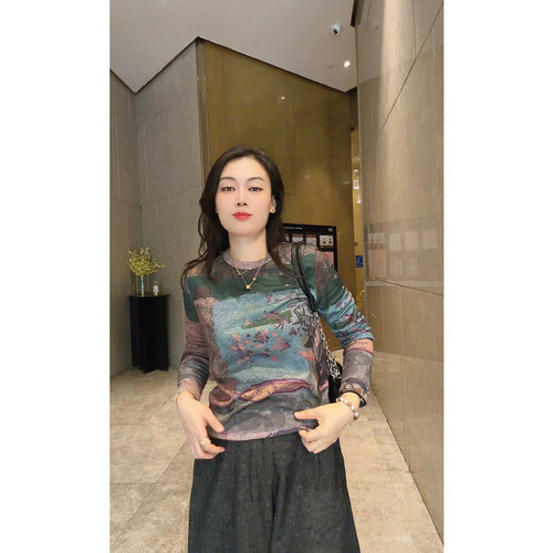 秋季新款时尚花纹图案小衫女长袖显瘦百搭圆领休闲打底上衣9078
