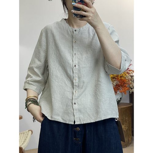 2025秋款圆领汉麻衬衫女宽松显瘦百搭休闲上衣-283