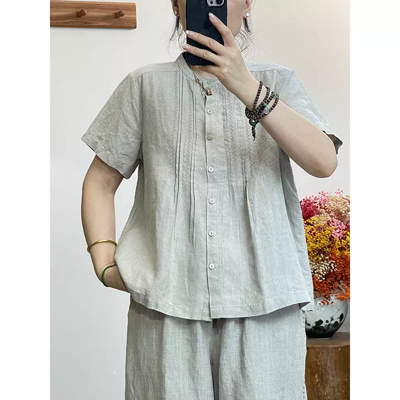 2025夏款圆领汉麻短袖女宽松显瘦百搭休闲上衣衬衫-349
