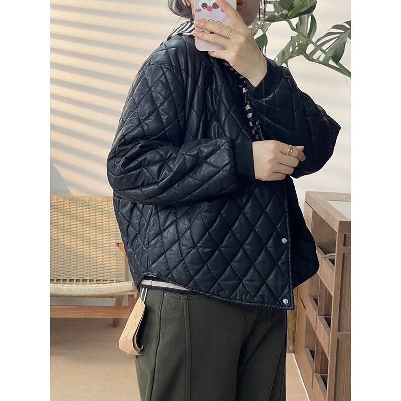 通勤棒球领菱格纹PU皮夹棉不开裂女宽松百搭保暖外套9151,女装/女士精品,汉服上装,淘宝优惠券,粉丝福利购,淘宝优惠卷