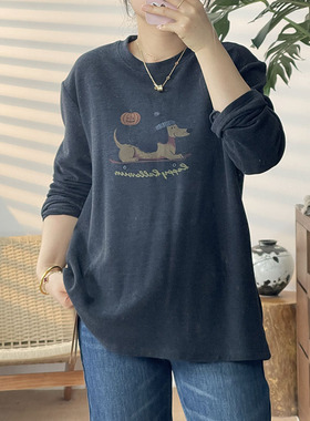 卡通小狗印花双面澳绒长袖女套头宽松打底衫动物图案上衣31161