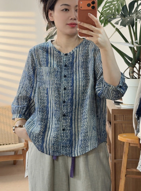 【自带凉意】苎麻文艺风百搭夏季圆领五分袖印花衬衫女装2631-3