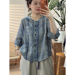 【自带凉意】苎麻文艺风百搭夏季圆领五分袖印花衬衫女装2631-3