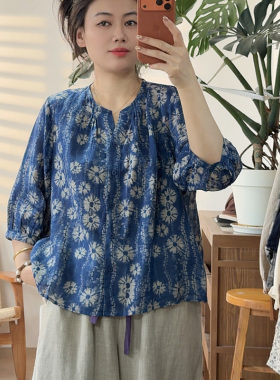 【自带凉意】苎麻薄款文艺风百搭夏季V领中袖衬衫女装2653