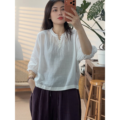 自带凉意苎麻文艺中式木耳花边领夏季女士短衬衫上衣26136