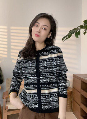 2025秋冬复古羊绒桑蚕丝圆领提花针织开衫女显瘦百搭毛衣-22398