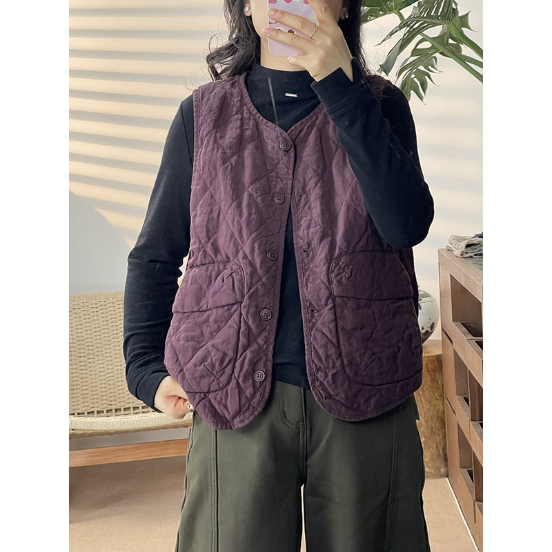 棉麻风绗棉马甲女无袖坎肩叠穿文艺宽松棉衣马夹9667