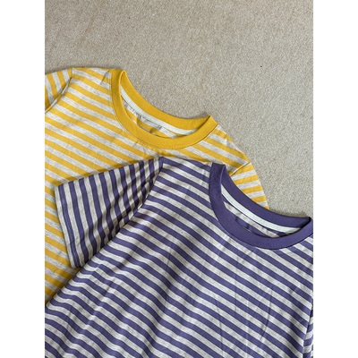 早春夏季新款韩版百搭宽松圆领简约条纹短袖T恤女装6900-1