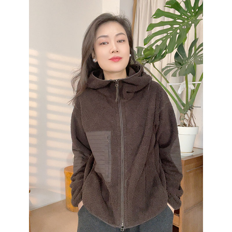 2025秋冬拼接连帽拉链进口摇粒绒复古卫衣女显瘦百搭休闲长袖6363