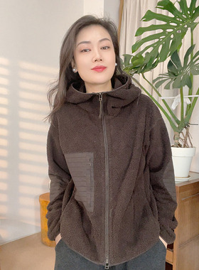 2025秋冬拼接连帽拉链进口摇粒绒复古卫衣女显瘦百搭休闲长袖6363