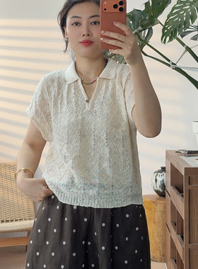 百搭立体钩花POLO领透气短袖针织女上衣6007