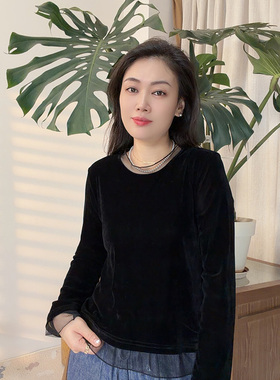爆款韩版百搭拼接蕾丝宽松圆领长袖T恤女丝绒打底衫31261