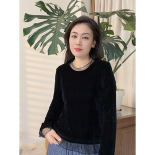 爆款韩版百搭拼接蕾丝宽松圆领长袖T恤女丝绒打底衫31261