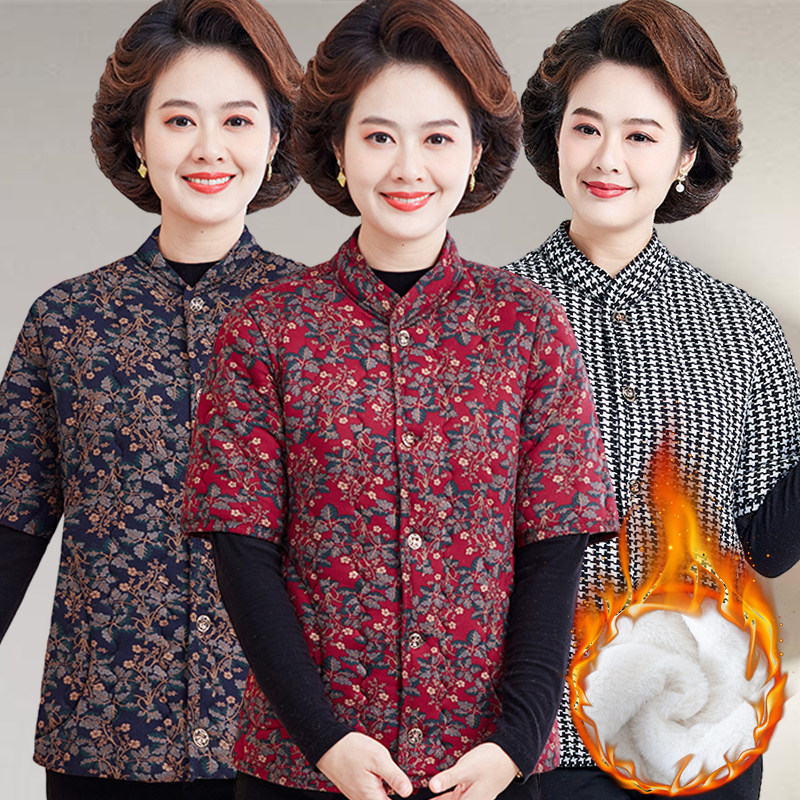 中年妈妈冬季半袖夹棉马甲中老年女装保暖马夹奶奶装加绒加厚棉衣