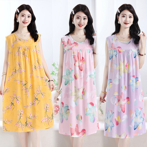 中老年妈妈装棉绸睡裙女夏季无袖背心连衣裙宽松大码家居服裙子