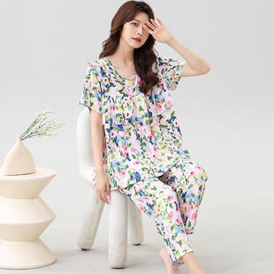 中老年人家居服两件套可外穿九分裤 套装 棉绸睡衣女短袖 妈妈夏季