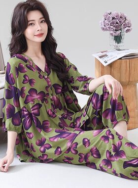 棉绸睡衣女春夏薄款宽松大码七分袖人造棉套装家居服可外穿开衫