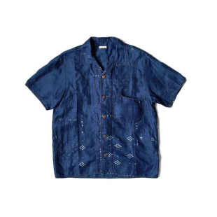 KAPITAL 22SS 平田和宏 蓝染丹宁牛仔棉印花拼接日系复古短袖衬衫