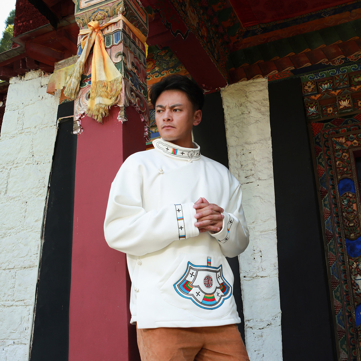 藏族外套藏潮藏式外套男藏元素纯棉加厚休闲刺绣氆氇美迦卫衣003