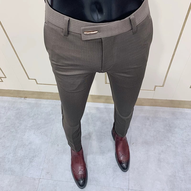 罗蒙春秋季英伦风坠感条纹九分西裤男士休闲长裤弹力修身西装裤子