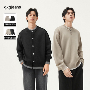 gxg.jeans男装多色假两件亨利领毛衣/开襟毛衣