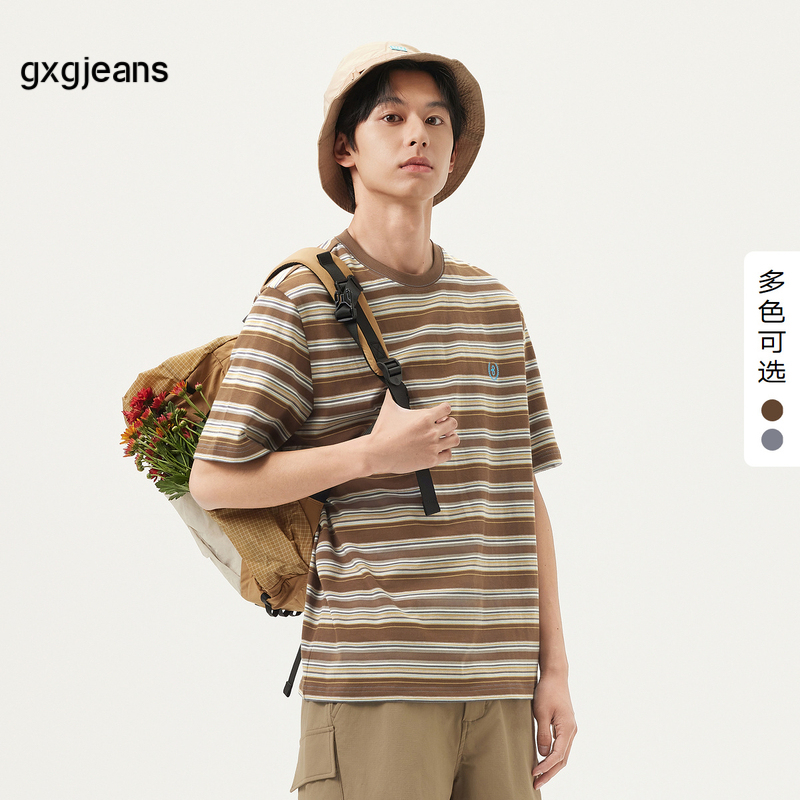 gxg.jeans男装 双色撞色条纹宽松时尚美式圆领短袖T恤男 25夏新款