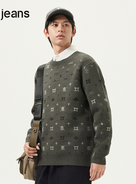 gxg.jeans男装 绿色满印设计宽松圆领毛衣针织衫线衫男 25春新品