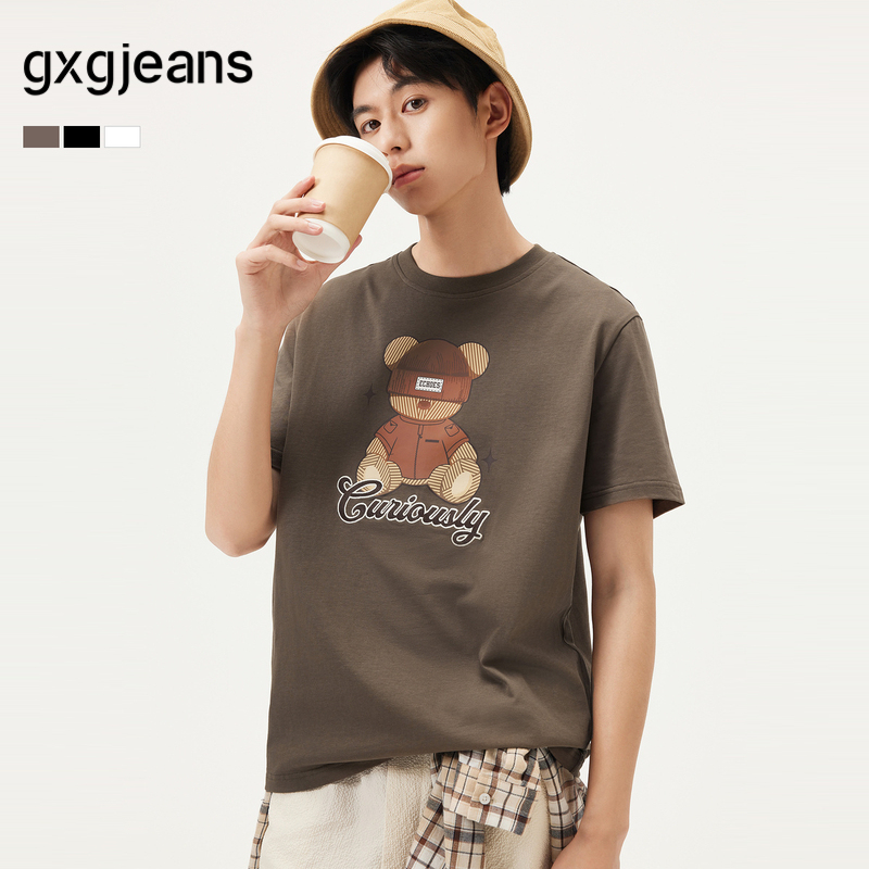 gxg.jeans男装 多色小熊图案潮流时尚宽松圆领短袖T恤男 25夏新品