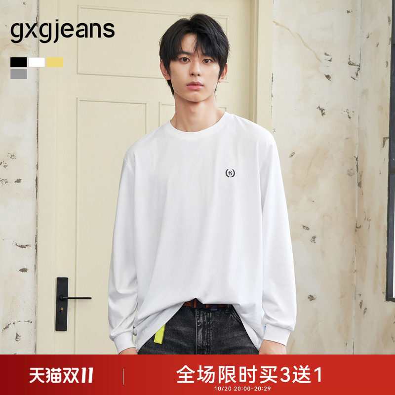gxgjeans男装 多色简约刺绣宽松圆领长袖T恤男生打底 25春季热卖