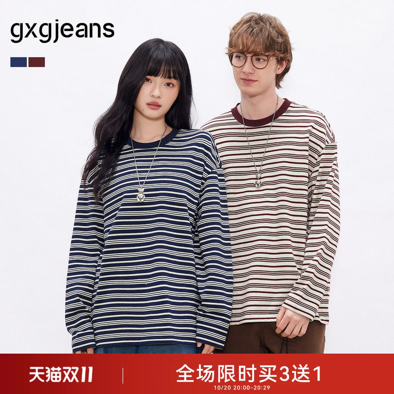 gxgjeans男装 多色条纹设计宽松休闲圆领长袖T恤男士 26秋热卖