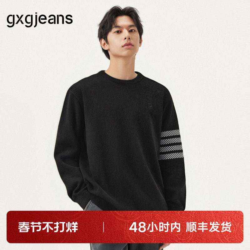 gxg.jeans男装 黑色撞色设计雪尼尔柔软圆领毛衣针织衫男25秋新品