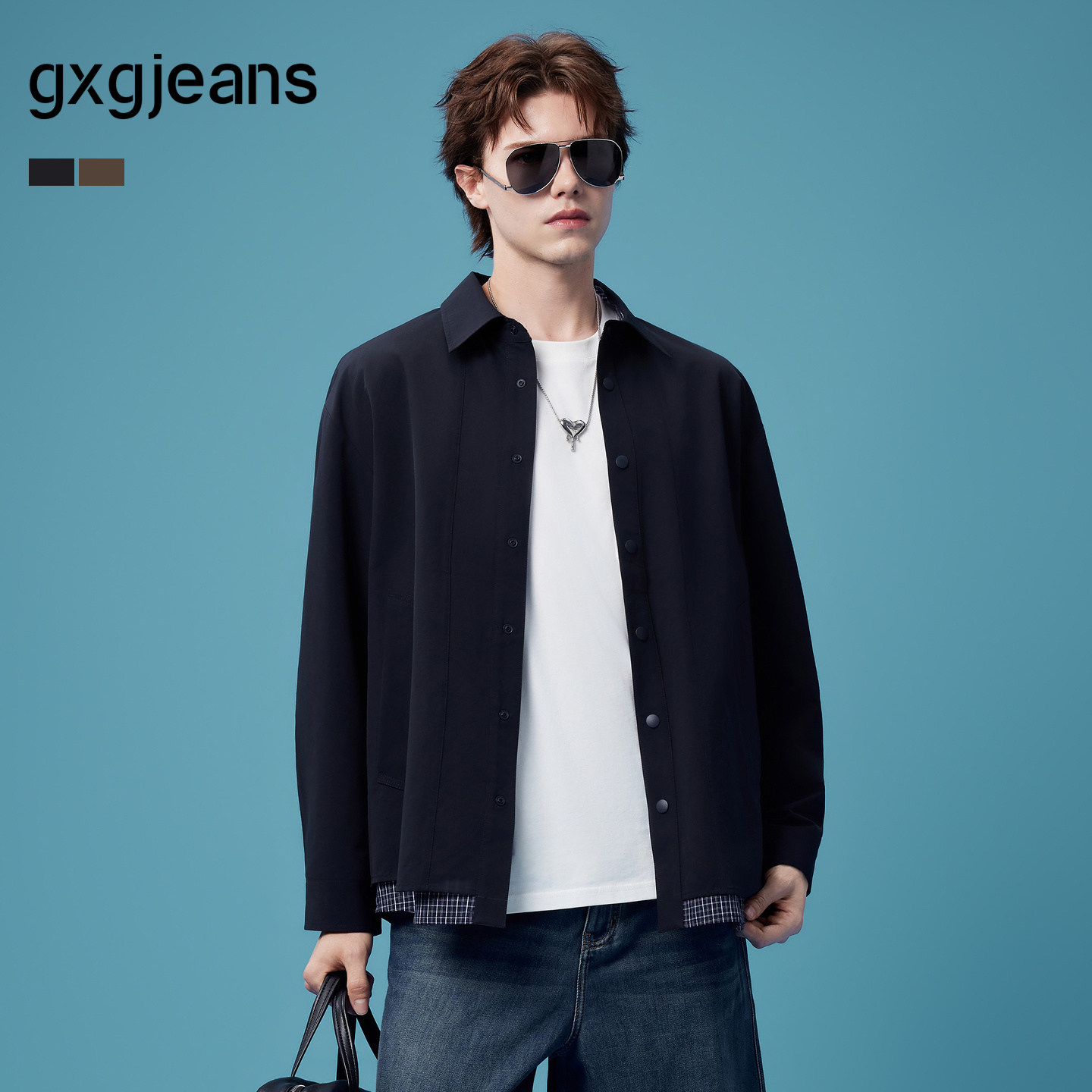 gxgjeans男装 多色格纹拼接简约复古美式翻领夹克外套 26秋新品