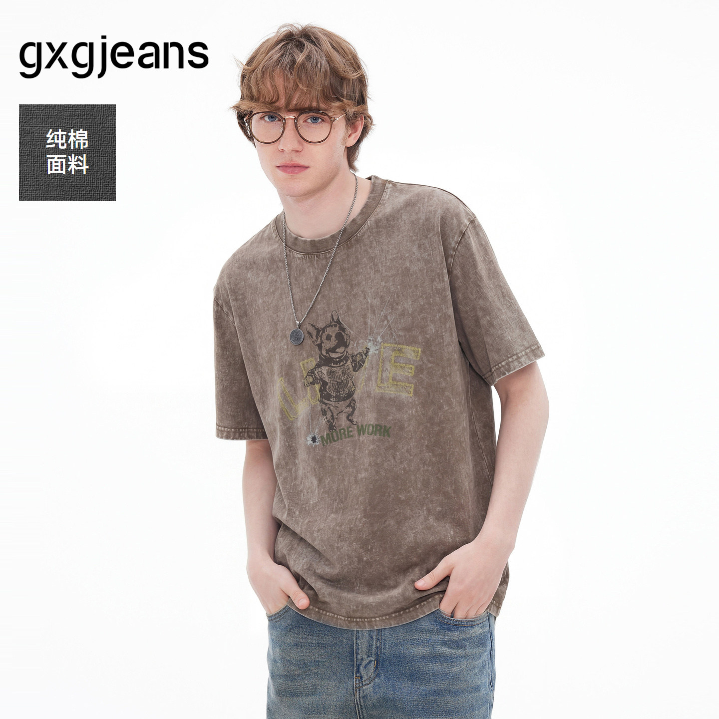gxgjeans男装 渐变水洗动物图案宽松休闲圆领短袖t恤男 26夏新品