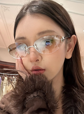 MELIYA无框水银椭圆猫眼太阳镜辣妹Y2K甜酷金属紫色显瘦墨镜复古