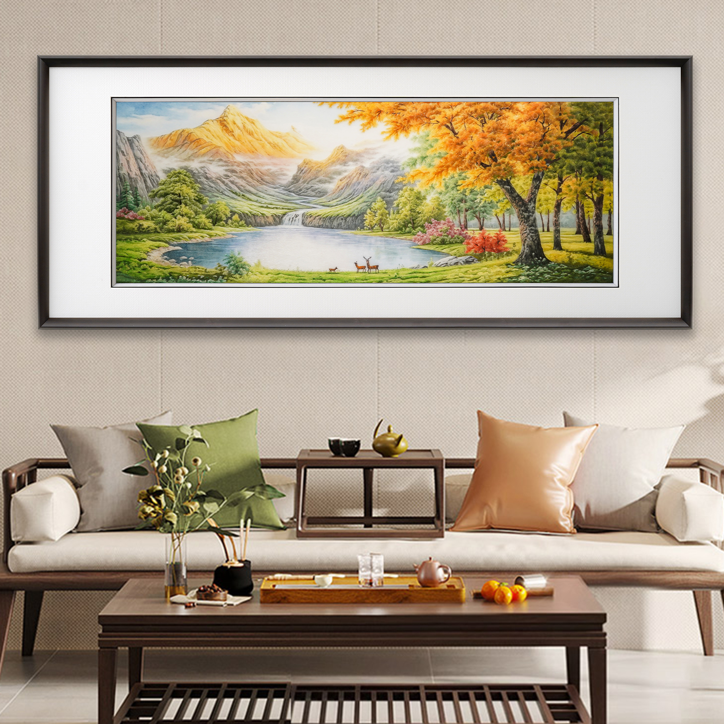 苏绣成品新中式刺绣金山翠谷鹿影图装饰画客厅沙发墙餐厅书房挂画图片