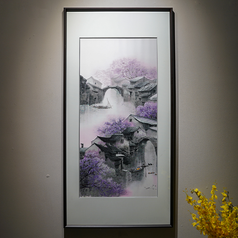 手工苏绣刺绣画江南水乡黑瓦白墙玄关过道走廊客厅装饰画成品带框图片