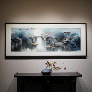 大尺寸江南风景湖畔月色纯手工苏绣刺绣沙发背景墙客厅装 横版 饰画