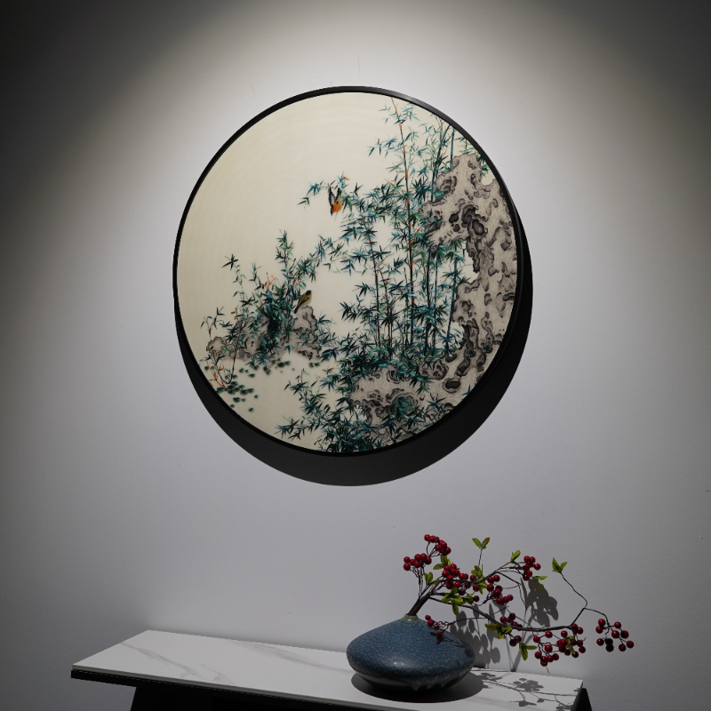 苏绣圆形挂画新中式竹报平安竹子画纯手工刺绣客厅玄关餐厅装饰画图片